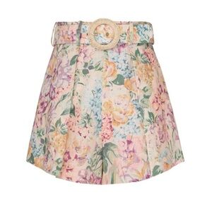 ZIMMERMANN AU 4 / US 12 Halliday Linen Tuck Watercolor Floral Belted Shorts CP25